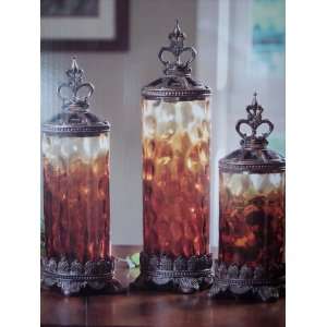  Set of 3 French Tuscan Fleur De Lis Amber Glass Canisters 