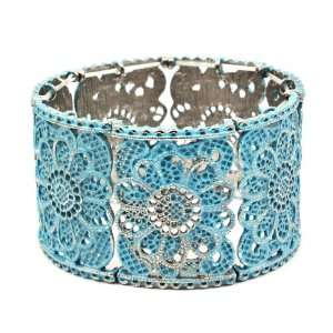   Turquoise Tone Patina Cuff Stretch Bracelet with Filigree and Flowers