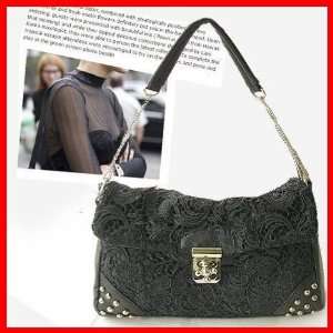 Lace + PU Leather Purse Shoulder Baguette Bag Handbag Messenger Rivet 