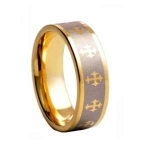 Tungsten Carbide Ring Gold Plated Laser Etched Celtic Cross Design 