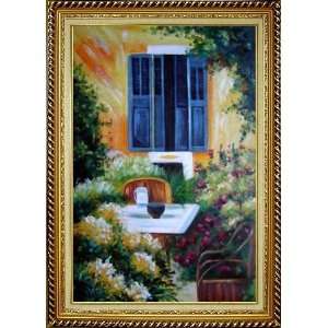 Charming Backyard Oil Painting, with Linen Liner Gold Wood Frame 42 