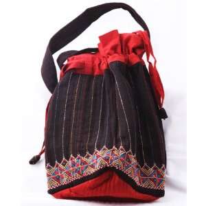  Cotton Hobo Bag with Hand Embroidery and Beadwork (Black 