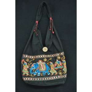  Embroidery Elephant 100% Cotton Black Bag ~ Handbag 