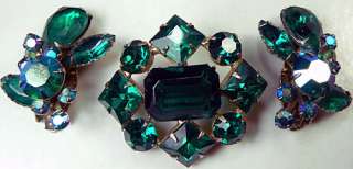 Vintage 3 Piece. Emerald Green Open Backed Pin, Matching Clip Earrings 
