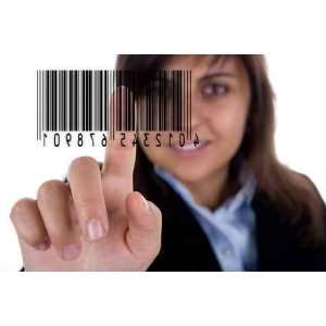  Businesswoman Pressing Barcode Isolated on White 