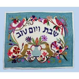   Embroidered Challah Cover   Lions in Turquoise 