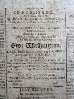 1800 DEATH of GEORGE WASHINGTON in Philadelphia PENNSYLVANIA newspaper 