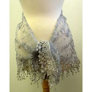 Belly Dance Hip Silk Scarf Hand Made Flowers Embroidery ,Gorgeous Grey 
