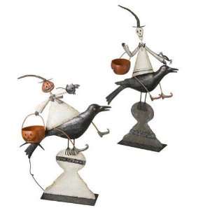  Set of 2 Folk Art Metal Pumpkin & Skeleton riding Crows 