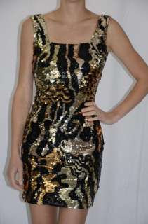   Tie by Oleg Cassini Gold Black Leopard Tiger Print Sequin Dress  