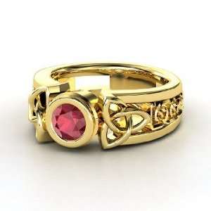  Celtic Sun Ring, Round Ruby 14K Yellow Gold Ring Jewelry