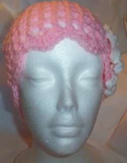Hand Crochet Ladies Pink Mesh Beanie with a White Daisy