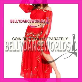 BELLY DANCE COSTUME SET CHIFFON TOP SKIRT BOLLYWOOD DANCING GOLD TRIMS 