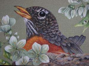 ACEO Original Spring Robin bird Cherry Blossom painting  