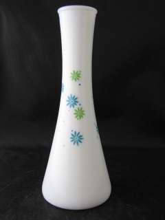 White Milk Glass Blue Green Flowers Flower Vase  
