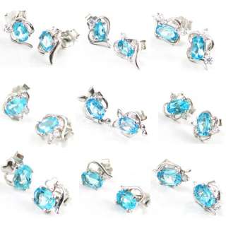 925 Silver Genuine Blue Topaz Earrings Studs ON SALE  