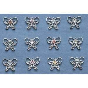  48 Jeweled Silver Scroll Butterfly Birthstone Pins 1
