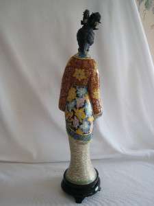 EXQUISITE CHINESE CLOISONNE & OX BONE LADY FIGURINE H/PAINTED CARVED 