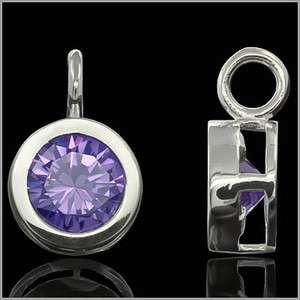 925 Sterling Silver Round Drop Pendant Charm with CZ Amethyst Purple 