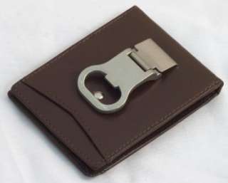 BOTTLE OPENER Money Clip Leather Mens Wallet Card Holder Dk Brown 