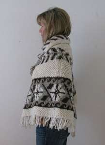   COWICHAN INDIAN FRINGED PONCHO CAPE POMS SWEATER JACKET ~S/M  