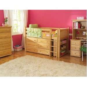   One 2 Twin Box Low Loft Bed with Low Bookcase and Six Drawer Dresser