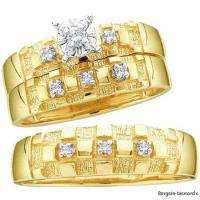 Diamond 3 Ring Gold Wedding Band Set Bride Groom .10 ct  