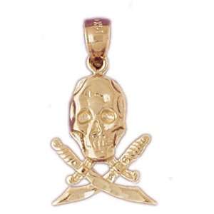  14kt Yellow Gold Skull With Swords Pendant Jewelry