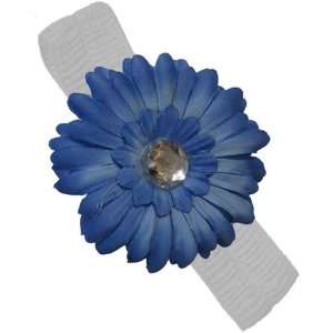  White Stretchy Baby Headband with Blue Daisy Flower