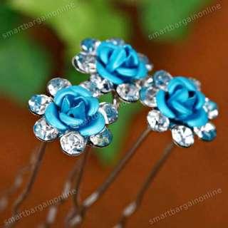 10PCS Blue Rose Clear Crystal Bridal Hair Pin Clips New  