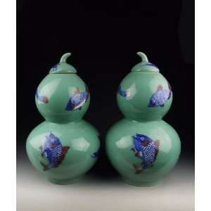  One Pair Of Bean Light Green Glaze Porcelain Gourd shaped 