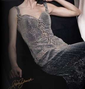 Stephen Yearick Gown / Sleeveless / Silver / Silk / Beaded Dress Size 