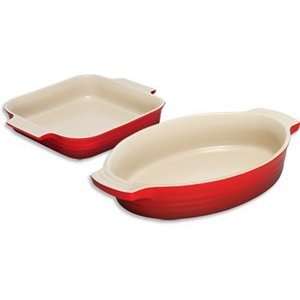  Le Creuset Stoneware Cherry Oval and Square Baker Set 2 pc 