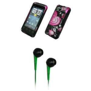  Black with Pink Hearts Design Hard Cover Case + Green 3.5mm Stereo 