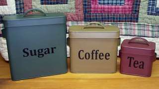 PRIMITIVE RECTANGLE METAL CANISTERS, SUGAR, TEA, COFFEE  