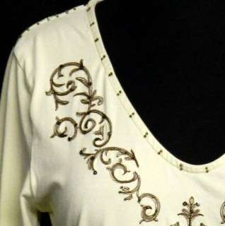SOFT SURROUNDINGS Cream BROWN EMbroider Sequins Stretch Knit Shirt NO 