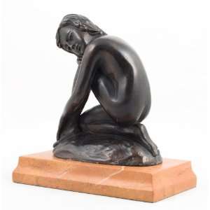   Art Deco Girl Dreaming Statue Figure Bronze   F Preiss