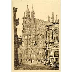  1915 Print Samuel Prout Art Leuven Belgium Town Hall 