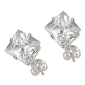  Sterling Silver 6mm Square Cubic Zirconia Post Earrings Jewelry
