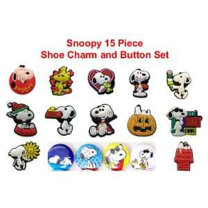 Set of 15 Charlie Brown, Woodstock, Snoopy Buttons and Shoe Charms 