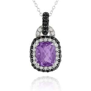   Silver Amethyst, Cubic Zirconia and Black Spinel Pendant Necklace, 18
