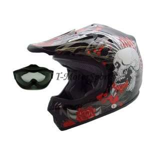 Youth Black Rose Skull Dirt Bike Motocross Helmet with Goggles (Medium 