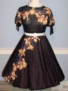   50s EXOTIC BLACK FLORAL FULL SKIRT LUCY DRESS ROCKABILLY SWING PINUP L