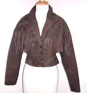 Vintage 80s Brown Leather Fringe Cropped Jacket Heavy Metal S  