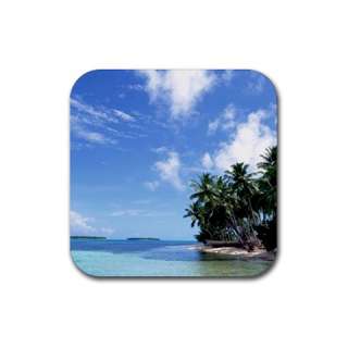 Palm Trees on Tropical Beach Rubber 4 Sq Coasters Set  