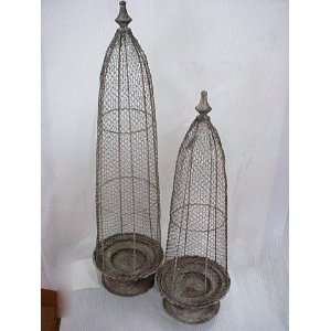  27h 35h Vintage Wire Cone on Footed Tin Plate (2 Ea./Set 