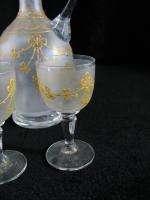   Glass Decanter Painted Enamel 3 Cordial Liquor Glasses Set  