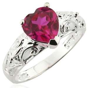 Sterling Silver and Simulated Pink Corundum Scrollwork Textured Heart 