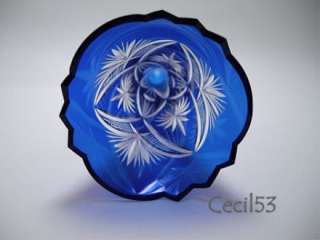 COBALT BLUE CUT TO CLEAR BOHEMIAN STYLE GLASS VASE SAWTOOTH  