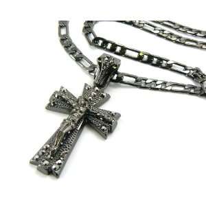  Jesus on The Cross Pendant w/ 24 Figaro Chain Small Black 